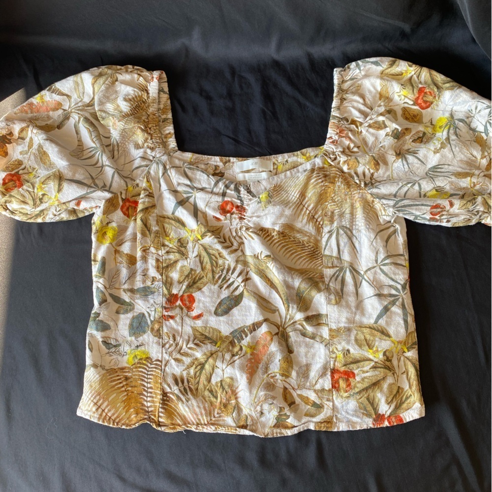 H&M Linen Blend Puff Sleeve Blouse Floral Square Neck Boho Top S